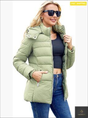 Packable Puffer Jacket Hooded Lightweight Quilted Winter Coat Mid-Length